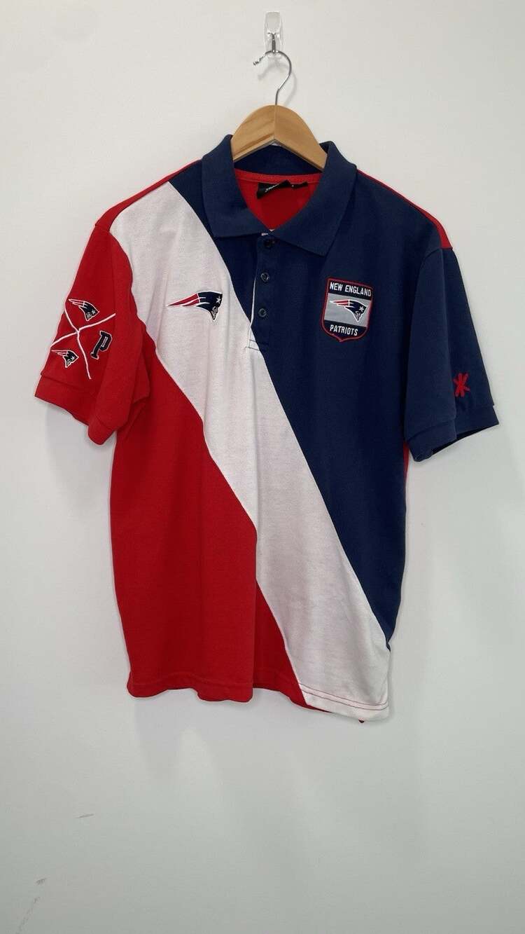 NFL Klew New England Patriots Rugby Polo Short Sleeve Shirt Red White Blue L